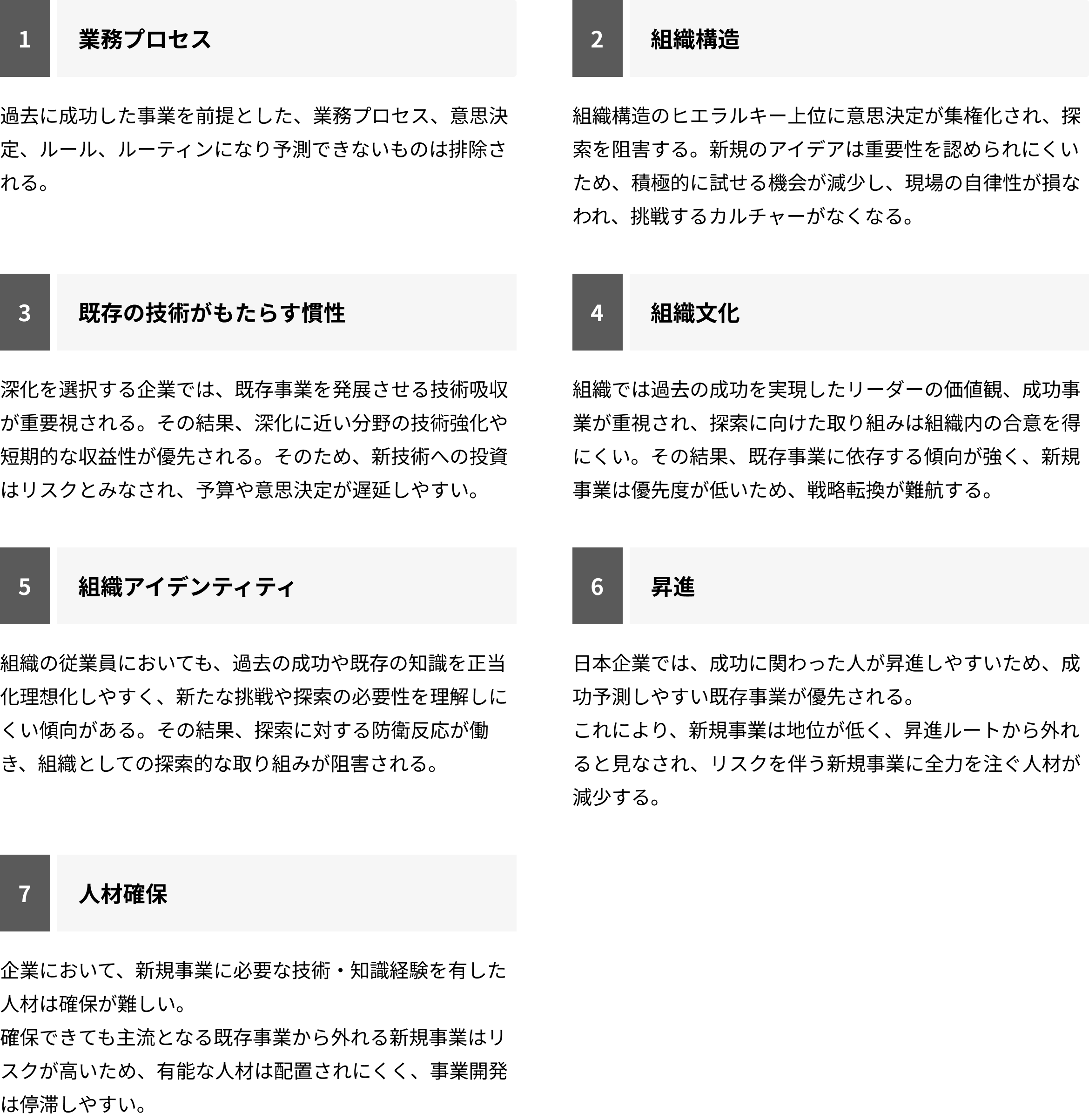 ”成功の罠”が生じ、深化が反復されることで組織は硬直する